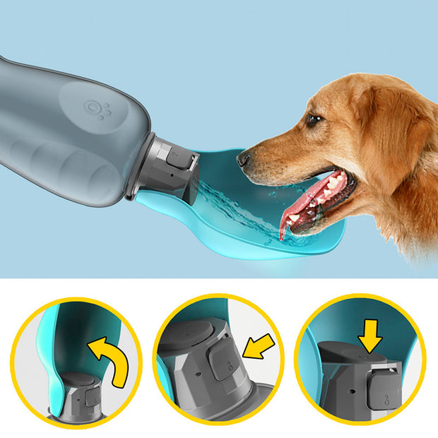 Dog drinking water from a portable pet water bottle with assembly instructions shown.